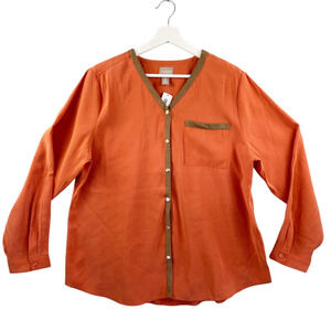 Chico's Shirt Women 2 Large (12) Orange Silky Chic Long Sleeved Snap Closure NEW